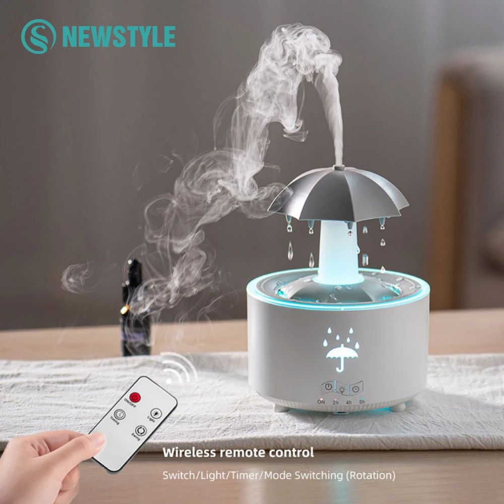 Rotating Umbrella Water Drop Air Humidifier with Colorful Night Lights, Quiet Mist Essential Oil Diffuser for Home