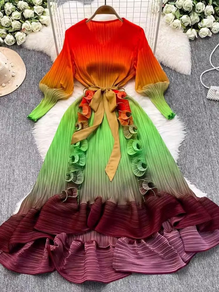Luxury Miyake 3D Ruffles Pleated Dress, Gradient Color Boho Robe with V-Neck & Lace-Up Belt for Women's Party Wear