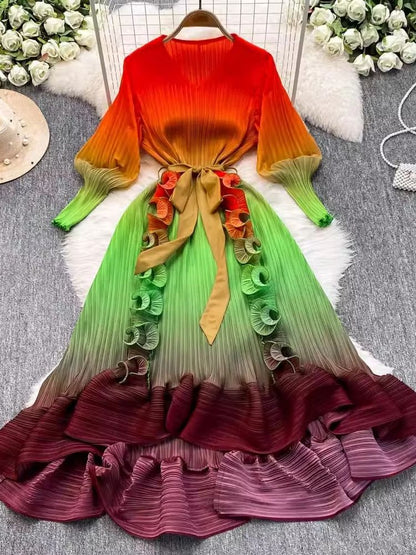 Luxury Miyake 3D Ruffles Pleated Dress, Gradient Color Boho Robe with V-Neck & Lace-Up Belt for Women's Party Wear