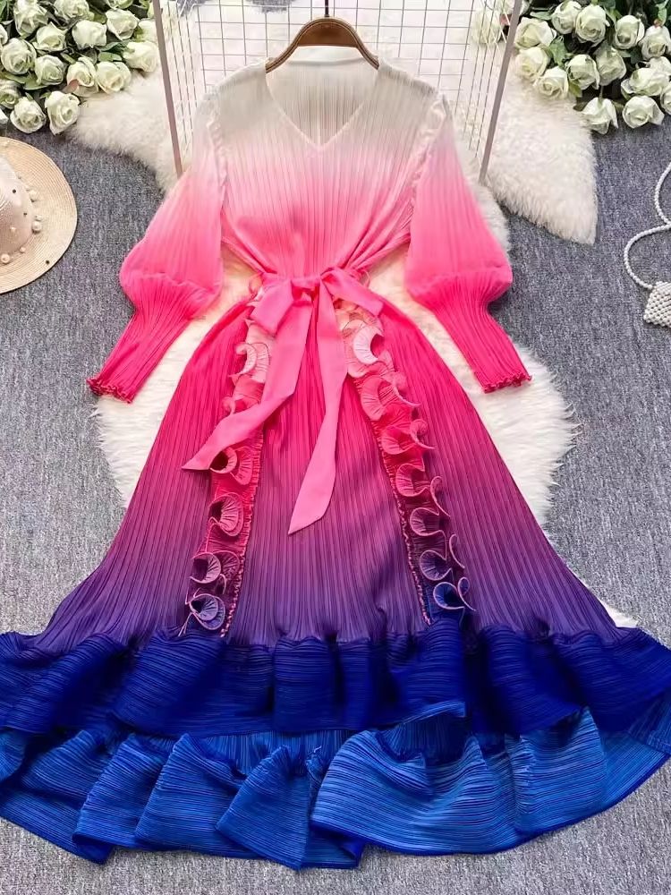 Luxury Miyake 3D Ruffles Pleated Dress Gradient Color Boho Robe With VNeck  LaceUp Belt For Womens  1