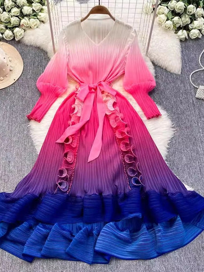Luxury Miyake 3D Ruffles Pleated Dress Gradient Color Boho Robe With VNeck  LaceUp Belt For Womens  1