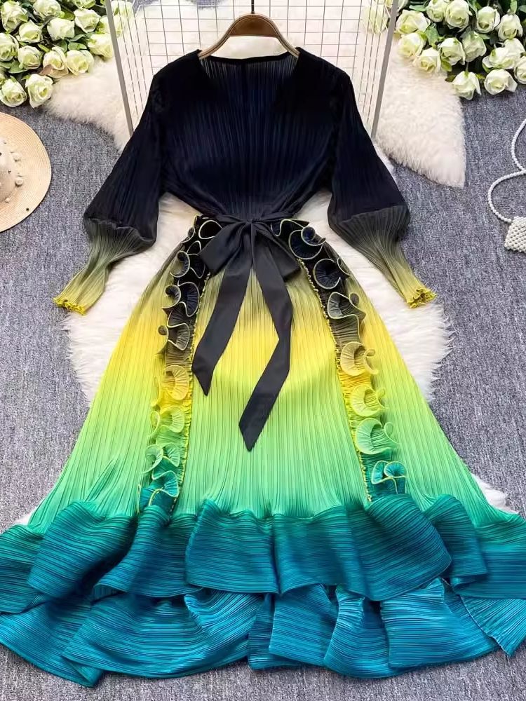 Luxury Miyake 3D Ruffles Pleated Dress Gradient Color Boho Robe With VNeck  LaceUp Belt For Womens  2