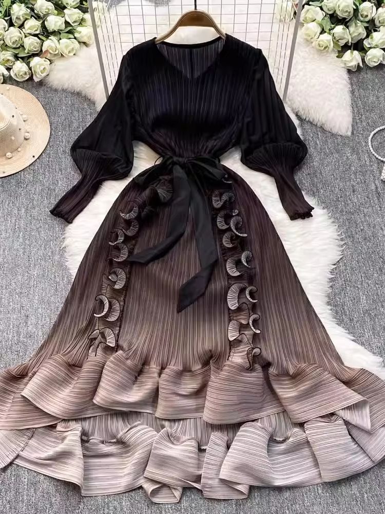 Luxury Miyake 3D Ruffles Pleated Dress Gradient Color Boho Robe With VNeck  LaceUp Belt For Womens  3