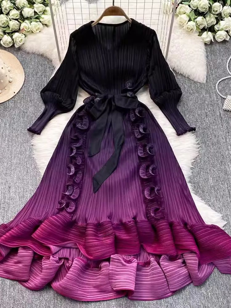 Luxury Miyake 3D Ruffles Pleated Dress Gradient Color Boho Robe With VNeck  LaceUp Belt For Womens  4