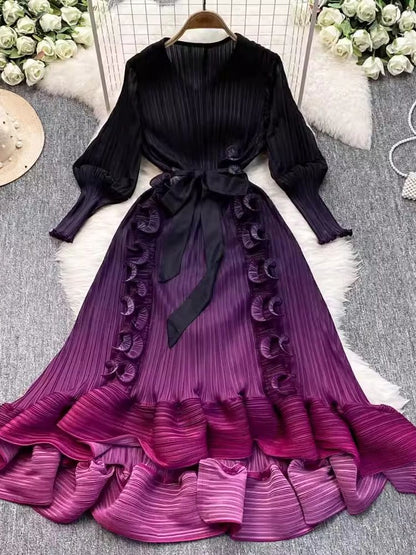 Luxury Miyake 3D Ruffles Pleated Dress Gradient Color Boho Robe With VNeck  LaceUp Belt For Womens  4