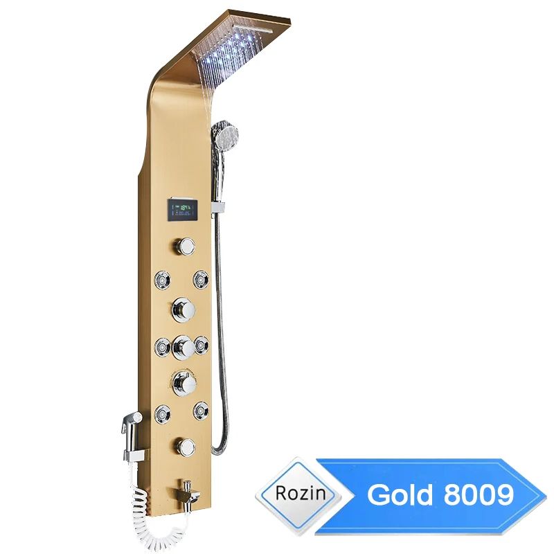 LED Bathroom Shower Panel – 6 Modes Rainfall & Waterfall Shower Column with Intelligent LCD, Massage Jet, and Rose Gold