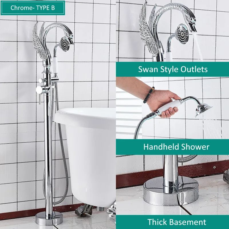 Luxury Quyanre Floor Standing Gold Swan Bathtub Faucet Modern Black Chrome Shower Mixer Tap For Bat 8