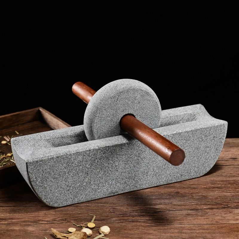 Traditional Chinese Medicine Grinder Set, Wooden Home Mill with Crusher Roller, Tea Tray, and Herb Seasoning Mills Decor