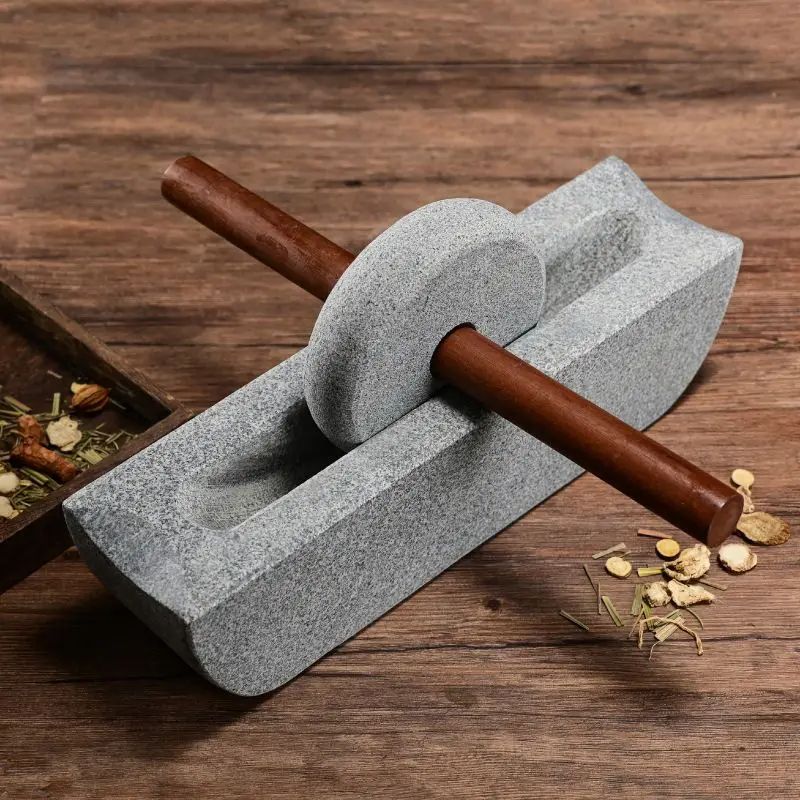 Traditional Chinese Medicine Grinder Set Wooden Home Mill With Crusher Roller Tea Tray And Herb Sea 1