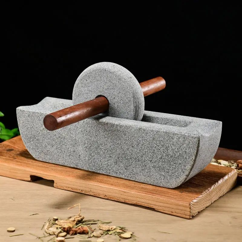 Traditional Chinese Medicine Grinder Set Wooden Home Mill With Crusher Roller Tea Tray And Herb Sea 2