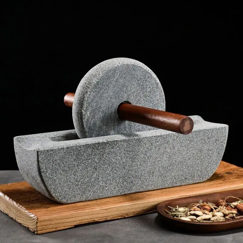 Traditional Chinese Medicine Grinder Set Wooden Home Mill With Crusher Roller Tea Tray And Herb Sea 3