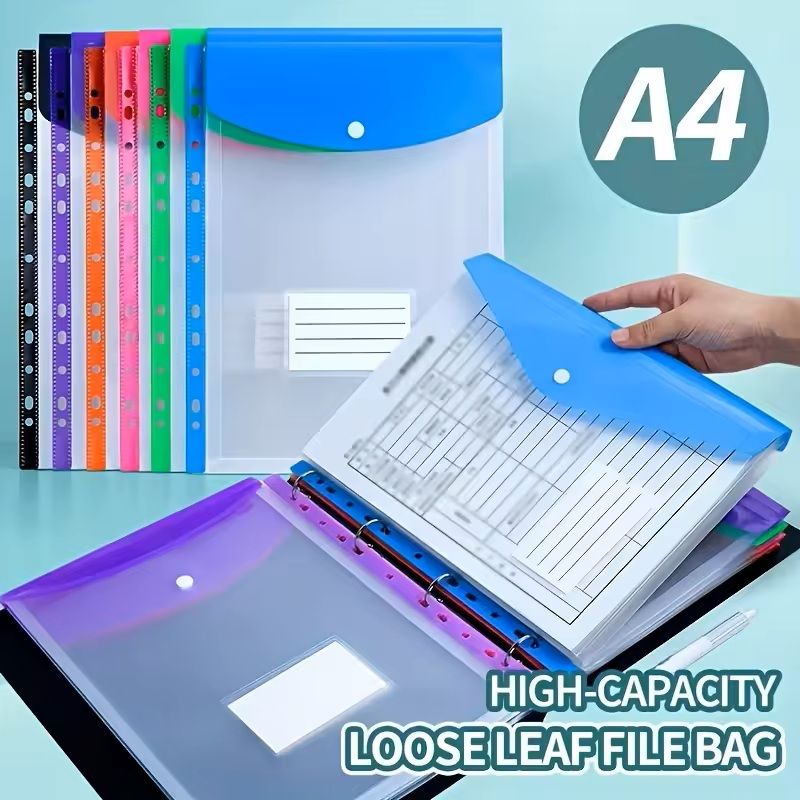 6pcs A4 High-Capacity Loose-Leaf File Bags with 11-Hole Binding Rings