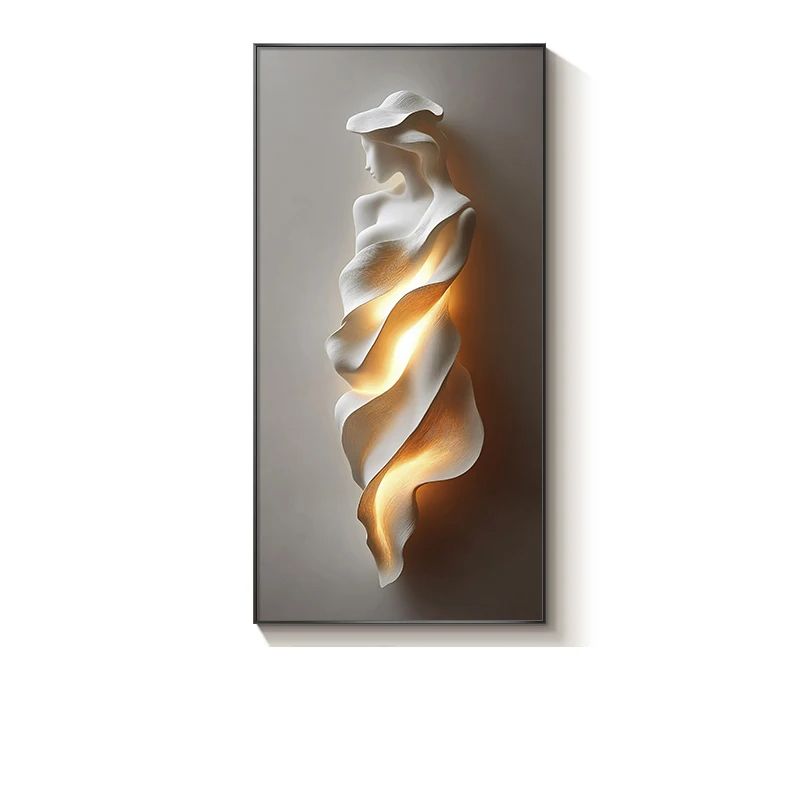 Minimally Abstract Entrance Decoration Painting with High End Relief & LED Wall Lamp, Hanging Room Decor