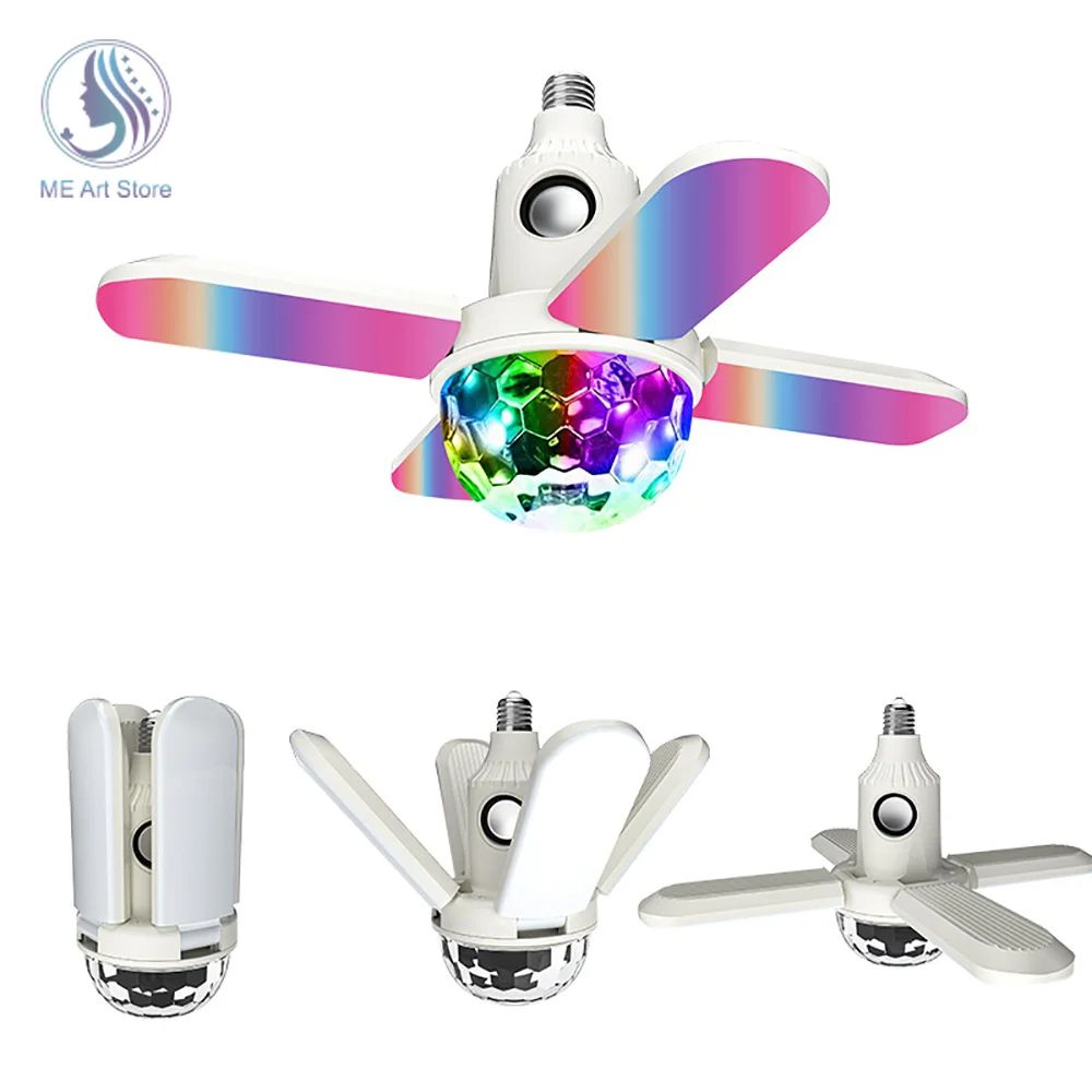 LED Bulb Fan Blade Four-Leaf Music Lamp Bluetooth Speaker, Foldable LED Light Bulb with Remote Controller 360 Adjustable