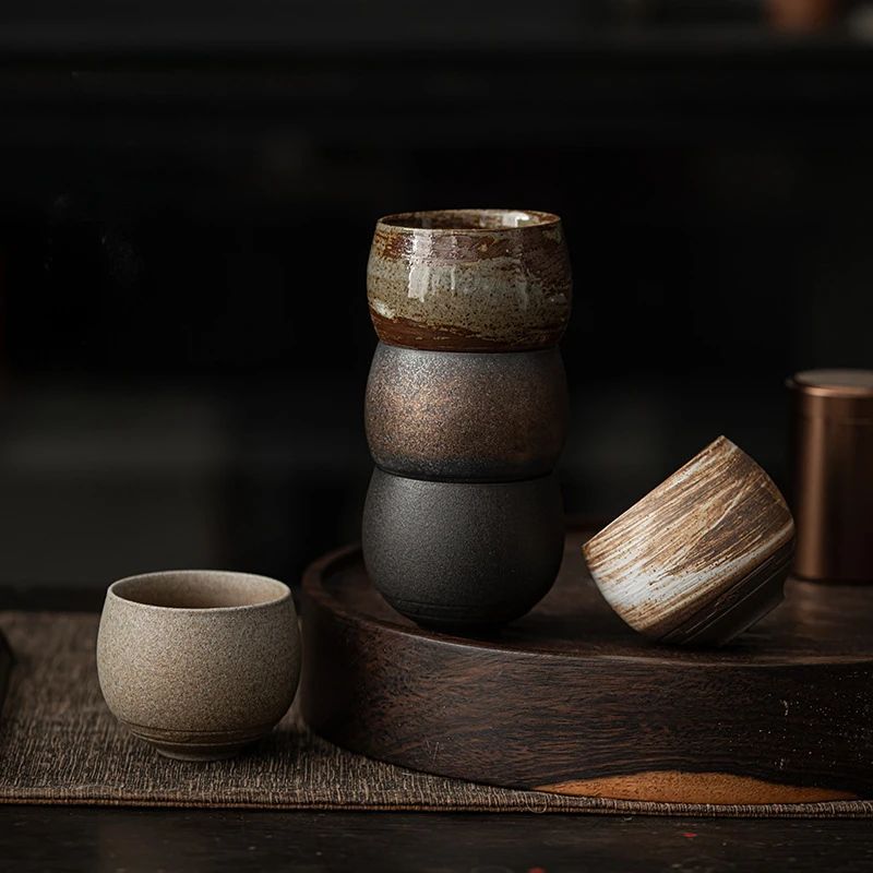 Japanese Handmade Stoneware Tea Cup, Small Kung Fu Teacup for Tea Set, Vintage Chinese Style Quiet Road Single Cup Bowl