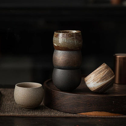 Japanese Handmade Stoneware Tea Cup, Small Kung Fu Teacup for Tea Set, Vintage Chinese Style Quiet Road Single Cup Bowl