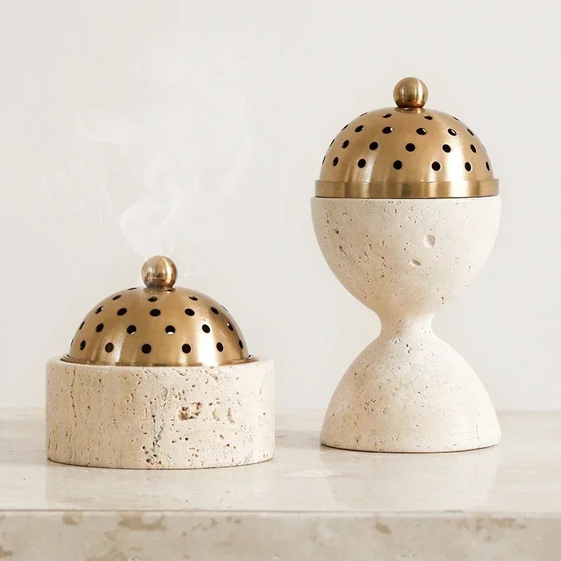 Luxury Travertine Stone Mabkhara Burner, Natural Marble Bakhoor Oud Censer with Brass Cover for Incense & Aromatherapy