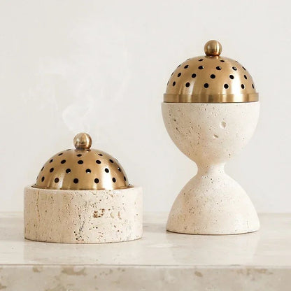 Luxury Travertine Stone Mabkhara Burner, Natural Marble Bakhoor Oud Censer with Brass Cover for Incense & Aromatherapy