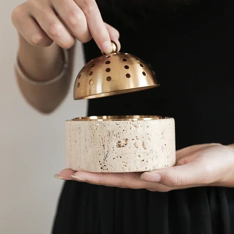 Luxury Travertine Stone Mabkhara Burner Natural Marble Bakhoor Oud Censer With Brass Cover For Ince 2