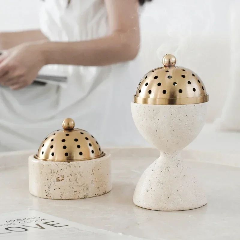 Luxury Travertine Stone Mabkhara Burner Natural Marble Bakhoor Oud Censer With Brass Cover For Ince 3