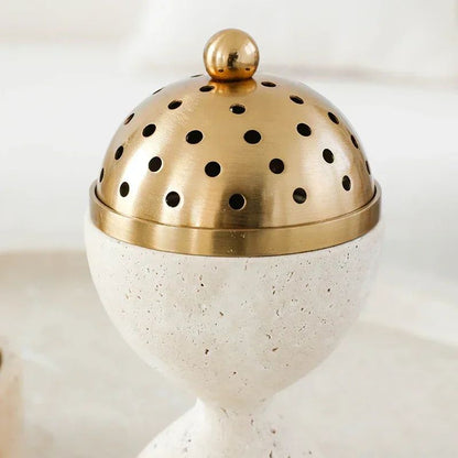 Luxury Travertine Stone Mabkhara Burner Natural Marble Bakhoor Oud Censer With Brass Cover For Ince 4