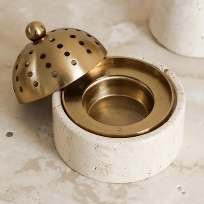 Luxury Travertine Stone Mabkhara Burner Natural Marble Bakhoor Oud Censer With Brass Cover For Ince 5