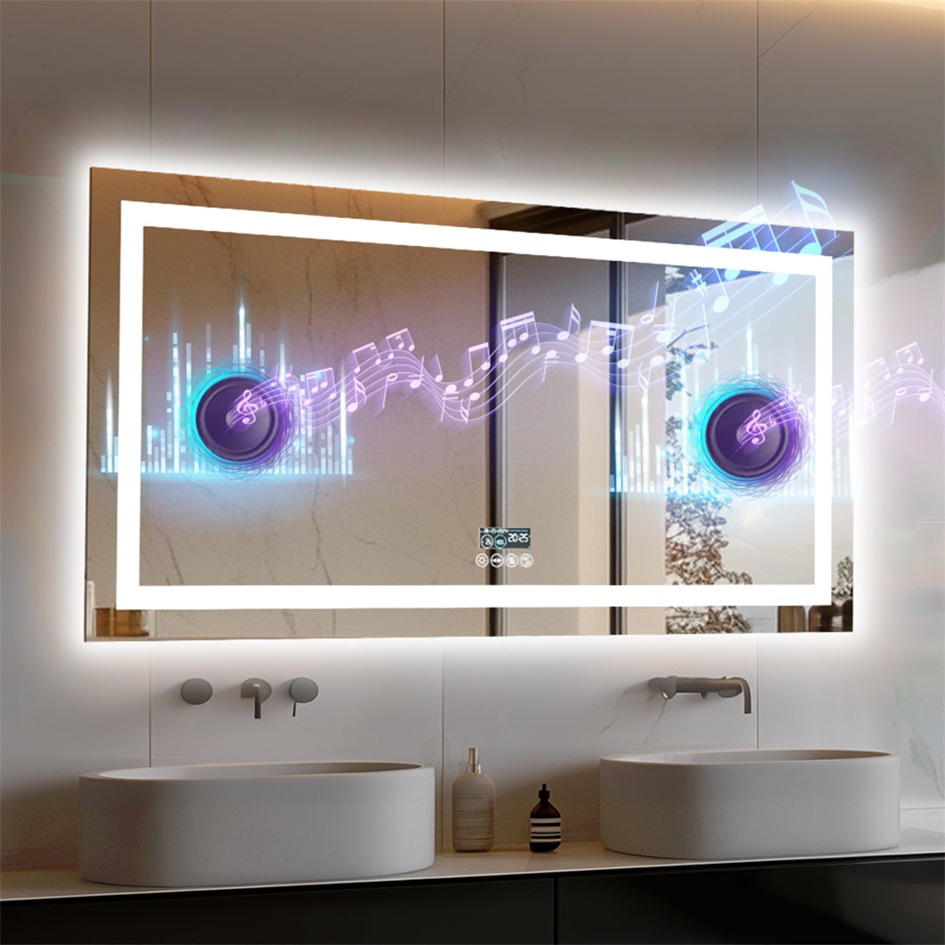 Modern LED Bathroom Mirror, Wall Mounted Smart Vanity Mirror with Bluetooth, Digital Clock & Anti-Fog Tech