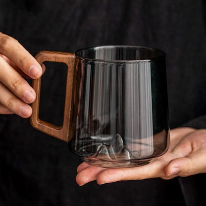 Guanshan Glass Single-Layer Cup with Wooden Handle Large-Capacity Drinking Cup for Milk Tea, Juice Household Use