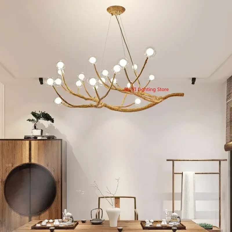 Glass Bubble LED Pendant Chandelier, Retro Resin Iron Tree Branch Hanging Light for Living Room Decoration