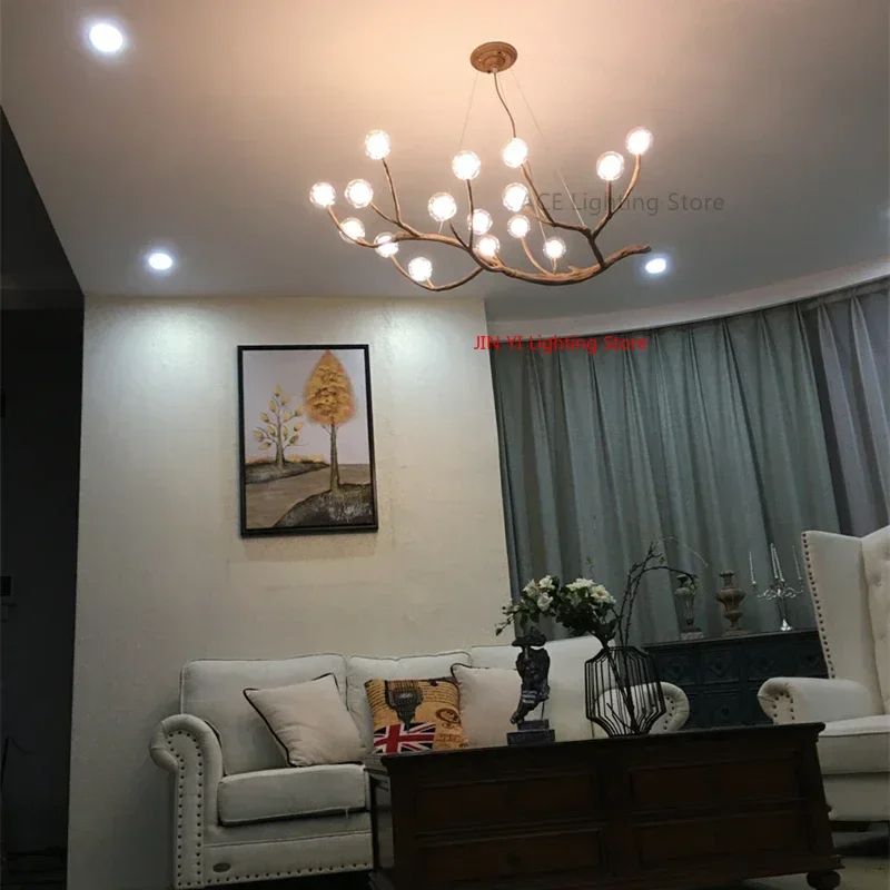 Glass Bubble LED Pendant Chandelier Retro Resin Iron Tree Branch Hanging Light For Living Room Deco 2