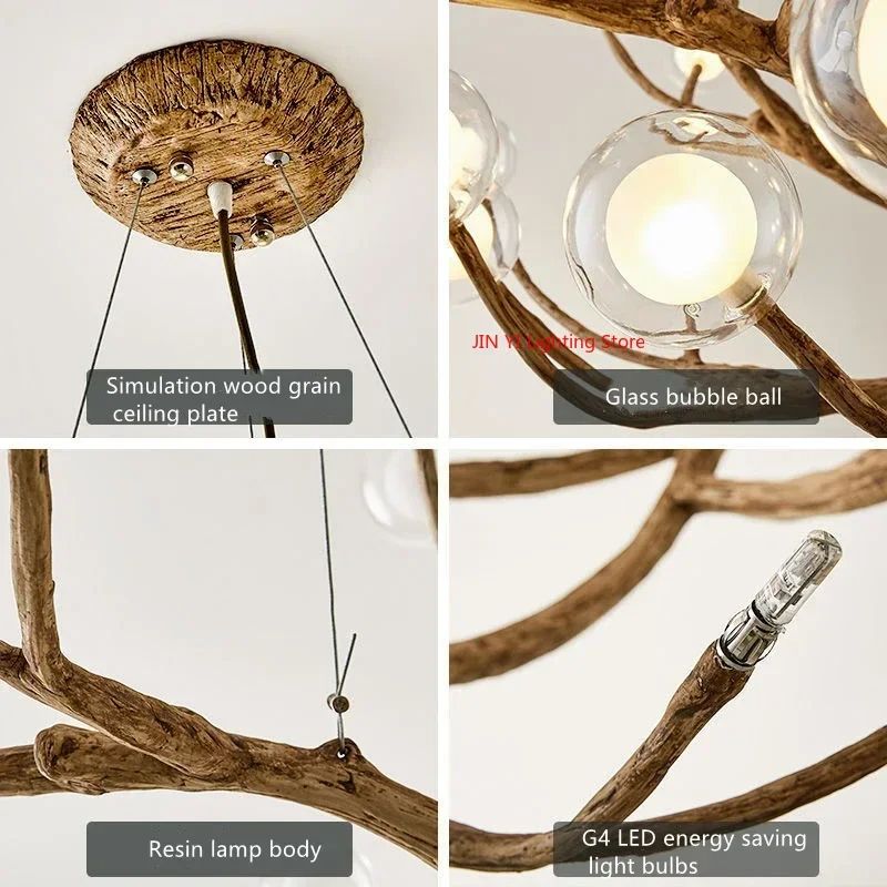 Glass Bubble LED Pendant Chandelier Retro Resin Iron Tree Branch Hanging Light For Living Room Deco 4