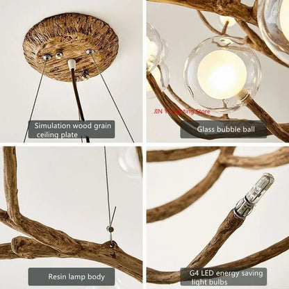 Glass Bubble LED Pendant Chandelier Retro Resin Iron Tree Branch Hanging Light For Living Room Deco 4
