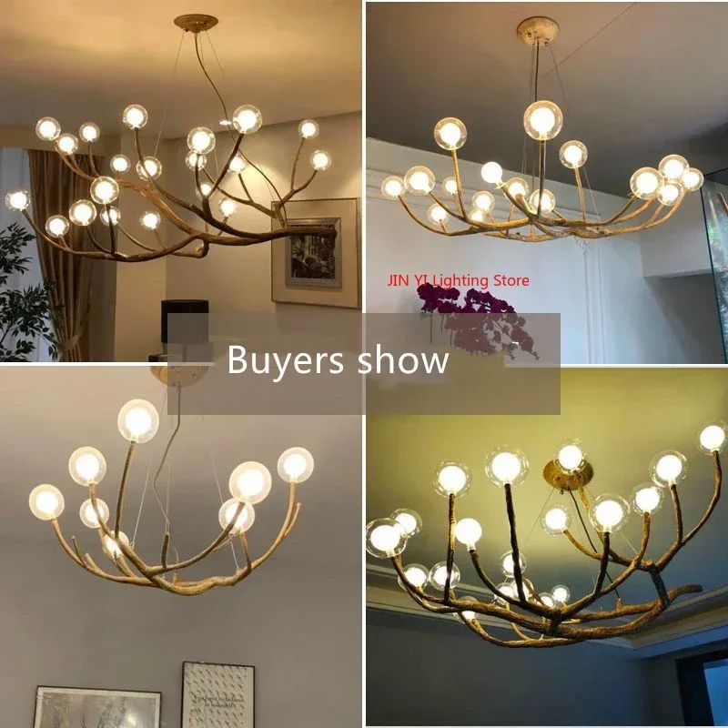 Glass Bubble LED Pendant Chandelier Retro Resin Iron Tree Branch Hanging Light For Living Room Deco 5
