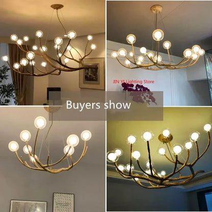 Glass Bubble LED Pendant Chandelier Retro Resin Iron Tree Branch Hanging Light For Living Room Deco 5