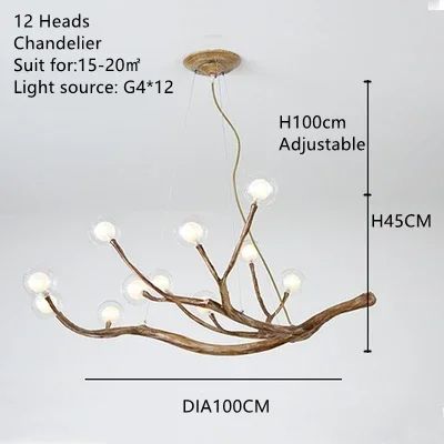 Glass Bubble LED Pendant Chandelier Retro Resin Iron Tree Branch Hanging Light For Living Room Deco 7