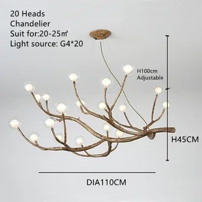 Glass Bubble LED Pendant Chandelier Retro Resin Iron Tree Branch Hanging Light For Living Room Deco 9