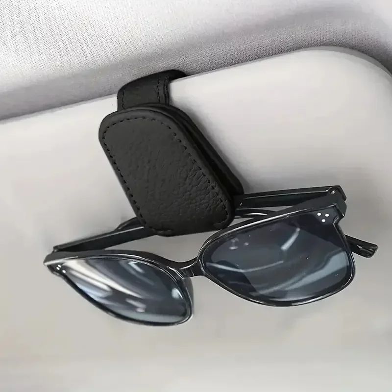 Car Sunshade Sunglasses Holder Clip, Magnetic Leather Glasses & Ticket Organizer, Auto Sun Visor Accessory