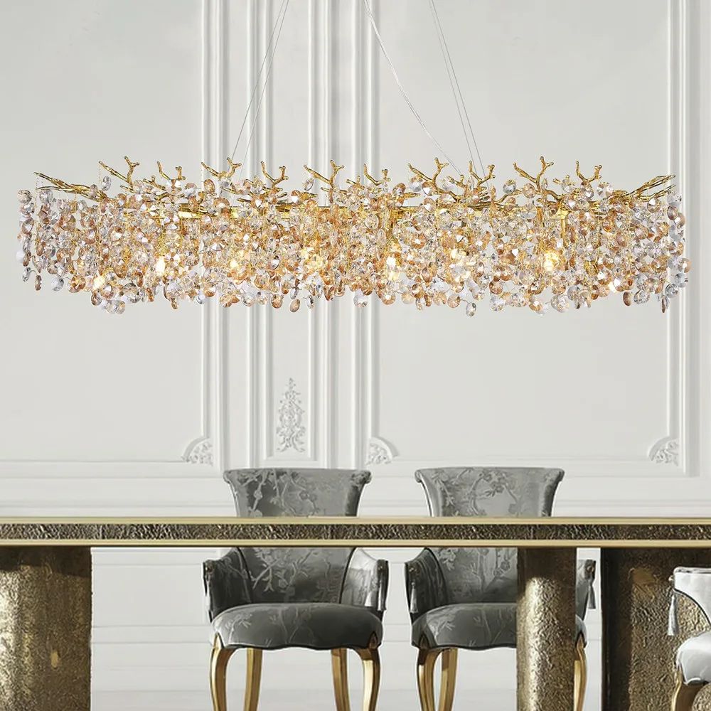 Modern Rectangle Crystal Chandelier Large Gold Branch Hanging Pendant Light for Dining Room Living Room, Nordic Luxury