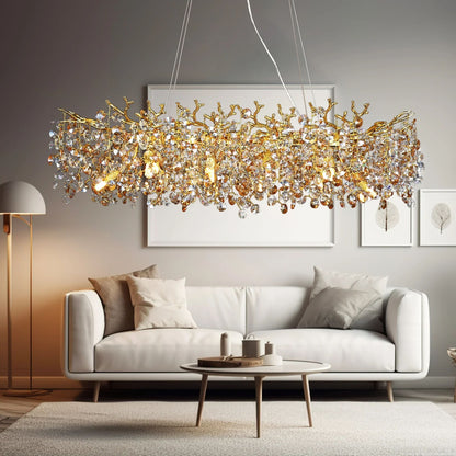 Modern Rectangle Crystal Chandelier Large Gold Branch Hanging Pendant Light For Dining Room Living  1