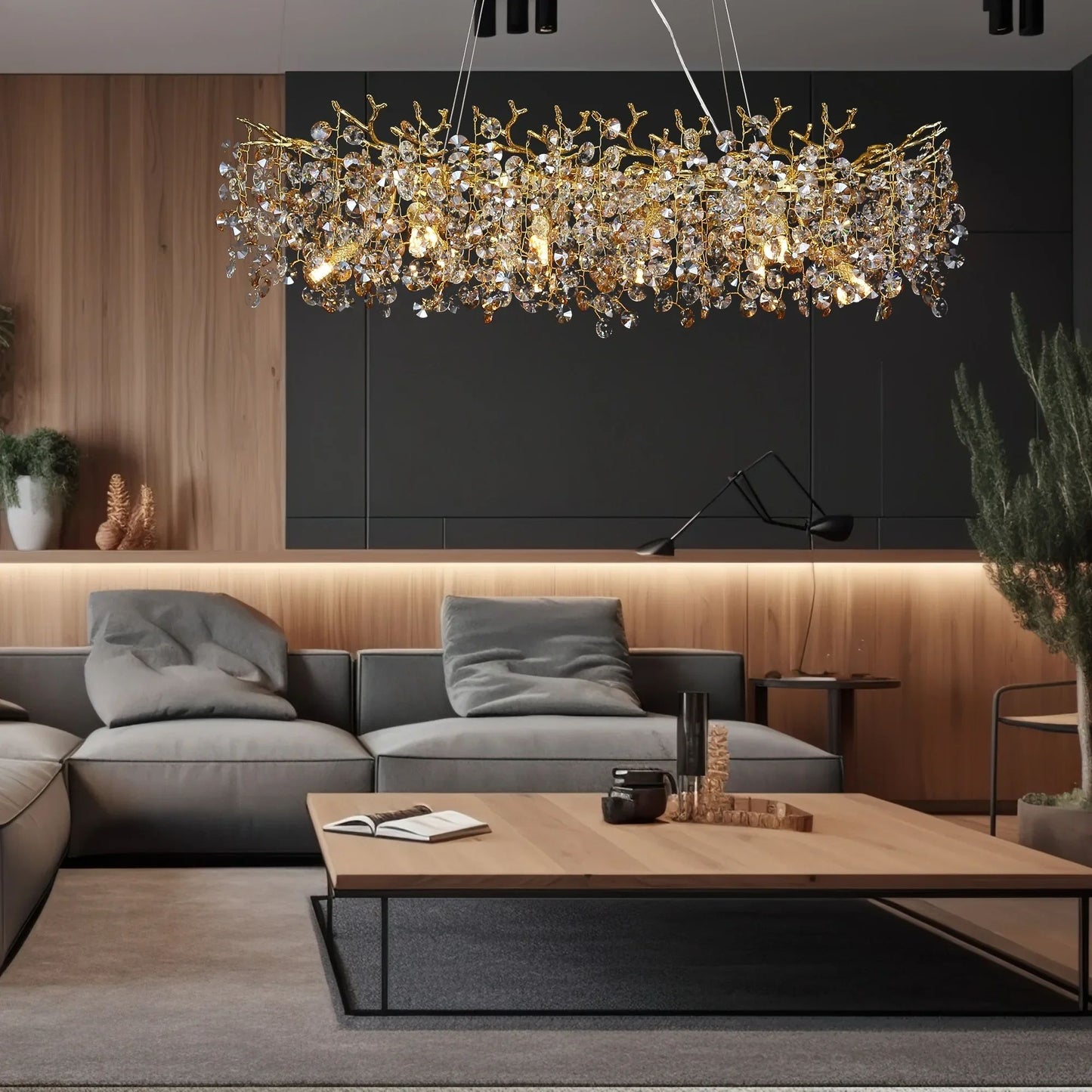 Modern Rectangle Crystal Chandelier Large Gold Branch Hanging Pendant Light For Dining Room Living  2