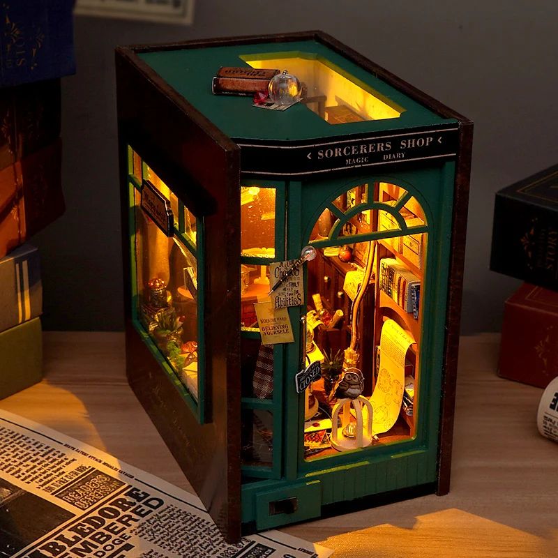 DIY Book Nook Insert Shelf Kit Wooden Miniature Sorcerers Shop Model Magic Diary Casa Bookend Books 1