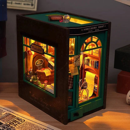 DIY Book Nook Insert Shelf Kit Wooden Miniature Sorcerers Shop Model Magic Diary Casa Bookend Books 2