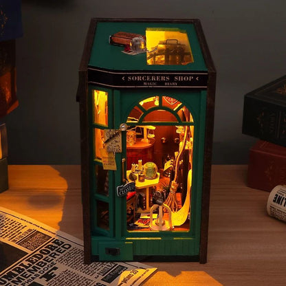 DIY Book Nook Insert Shelf Kit Wooden Miniature Sorcerers Shop Model Magic Diary Casa Bookend Books 3