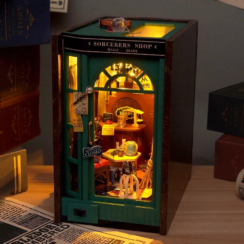 DIY Book Nook Insert Shelf Kit Wooden Miniature Sorcerers Shop Model Magic Diary Casa Bookend Books 4