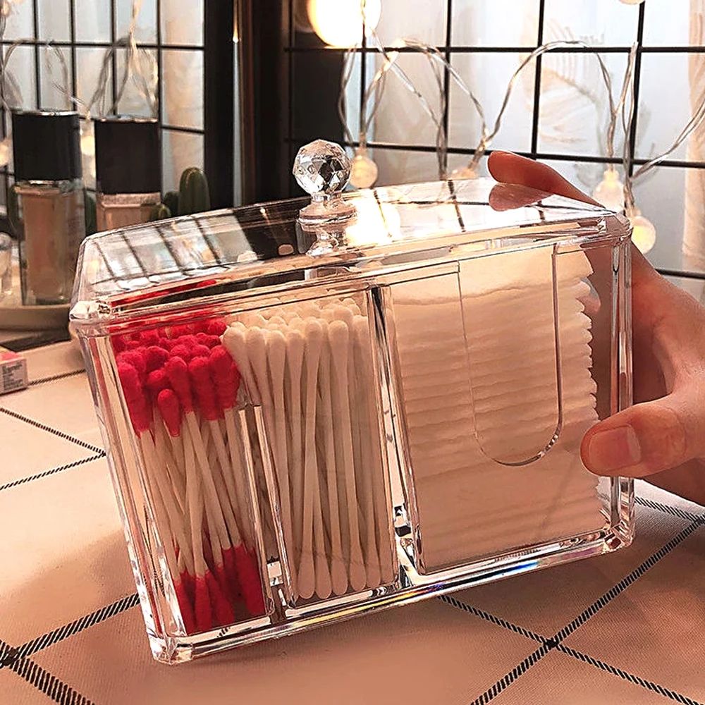 Transparent Acrylic Cotton Storage Box Dustproof Organizer for Cotton Swabs, Cosmetics & Desktop Dressing Table