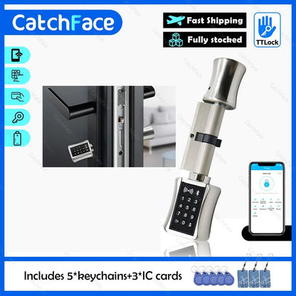 TTLock Bluetooth Smart Cylinder Lock, WiFi Smart Security Lock, APP Keypad Code, RFID Card Keyless Entry
