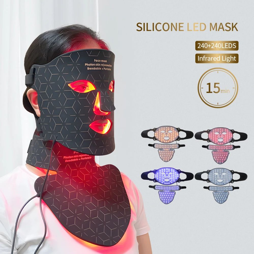 3D LED Light Phototherapy Mask Face Neck Silicone Facial Mask for Skin Rejuvenation, Anti-Wrinkle & Brightening