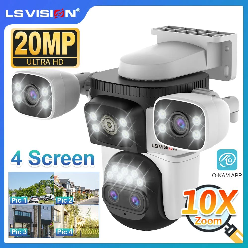 Four Screens WiFi Security Camera Outdoor, Optical Zoom, Auto Tracking, 4 Lens, Waterproof Night Vision CCTV Surveilance