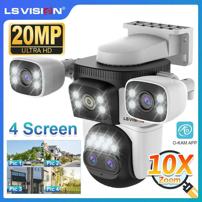 Four Screens WiFi Security Camera Outdoor, Optical Zoom, Auto Tracking, 4 Lens, Waterproof Night Vision CCTV Surveilance
