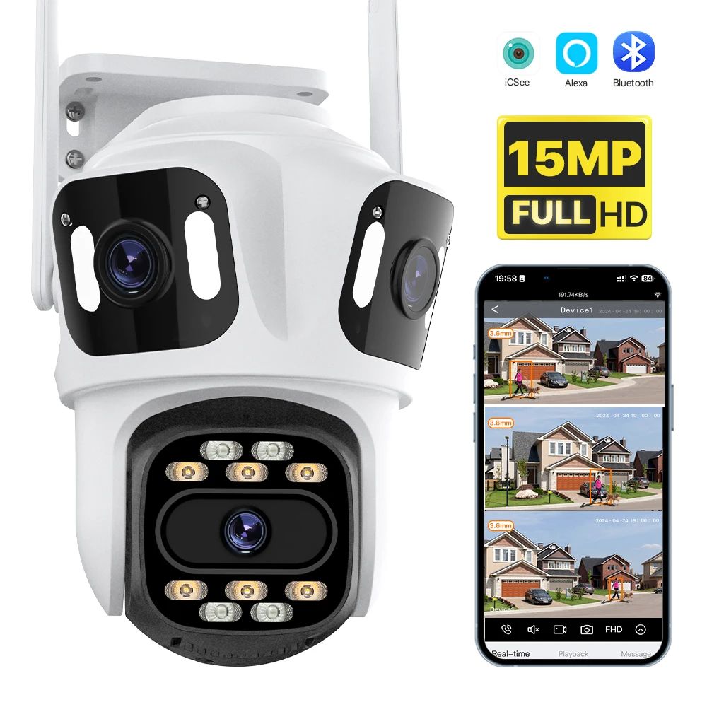 HD Triple Lens WiFi IP Camera 3 Lens Outdoor Security Camera with Motion Detection, Waterproof CCTV, Night Vision, iCSee
